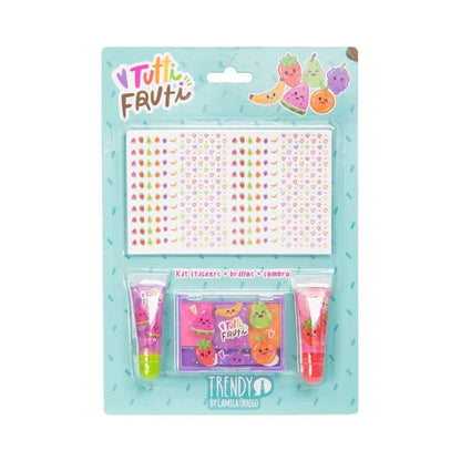 KIT BRILLO GLOSS, SOMBRA Y STICKERS NIÑAS TUTTI FRUTTI
